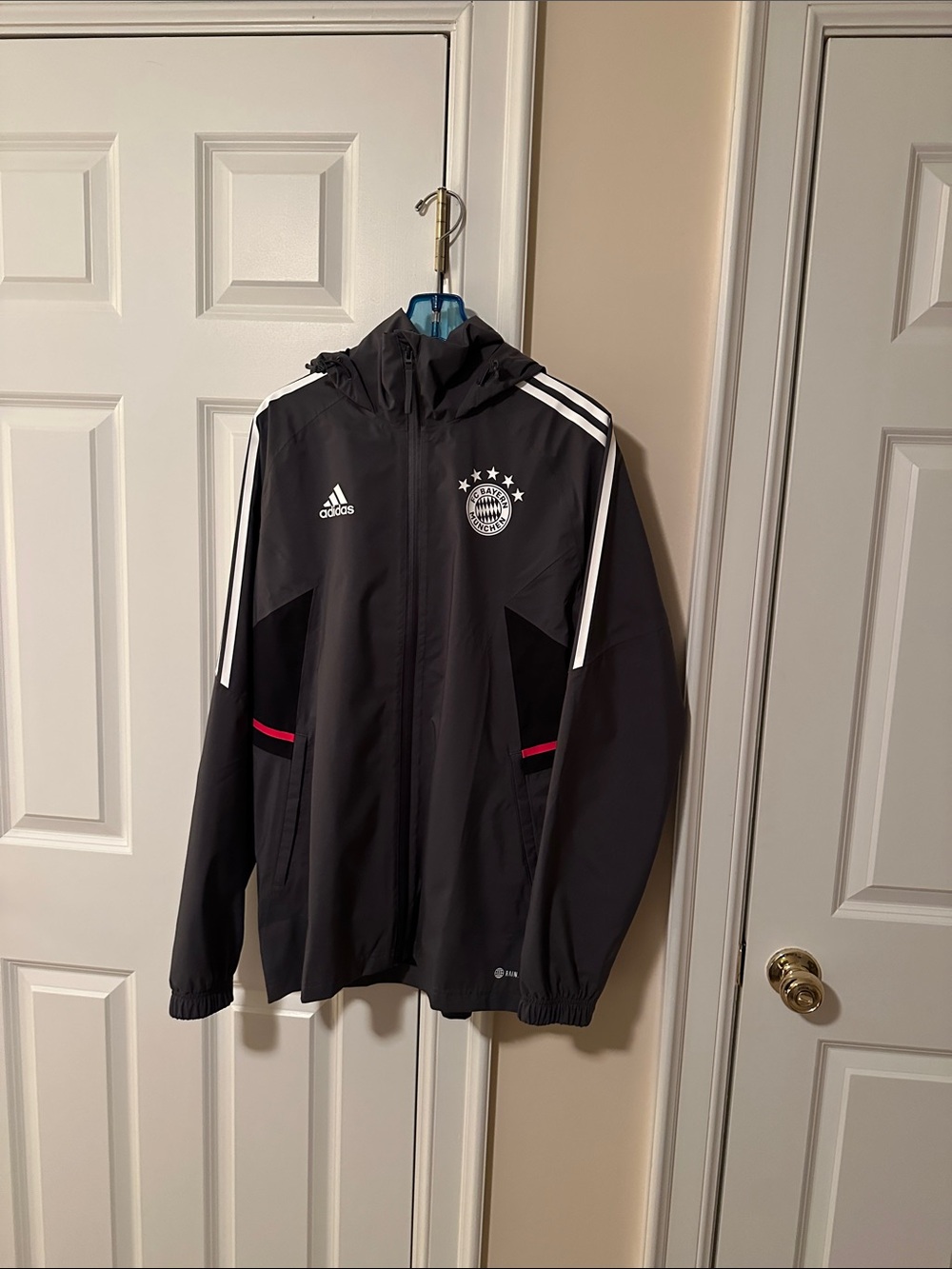 adidas Black Hooded FC Bayern Windbreaker with White Stripes